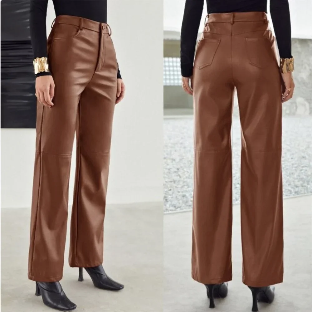 brown faux leather wide legged pants - Picture 2 of 8